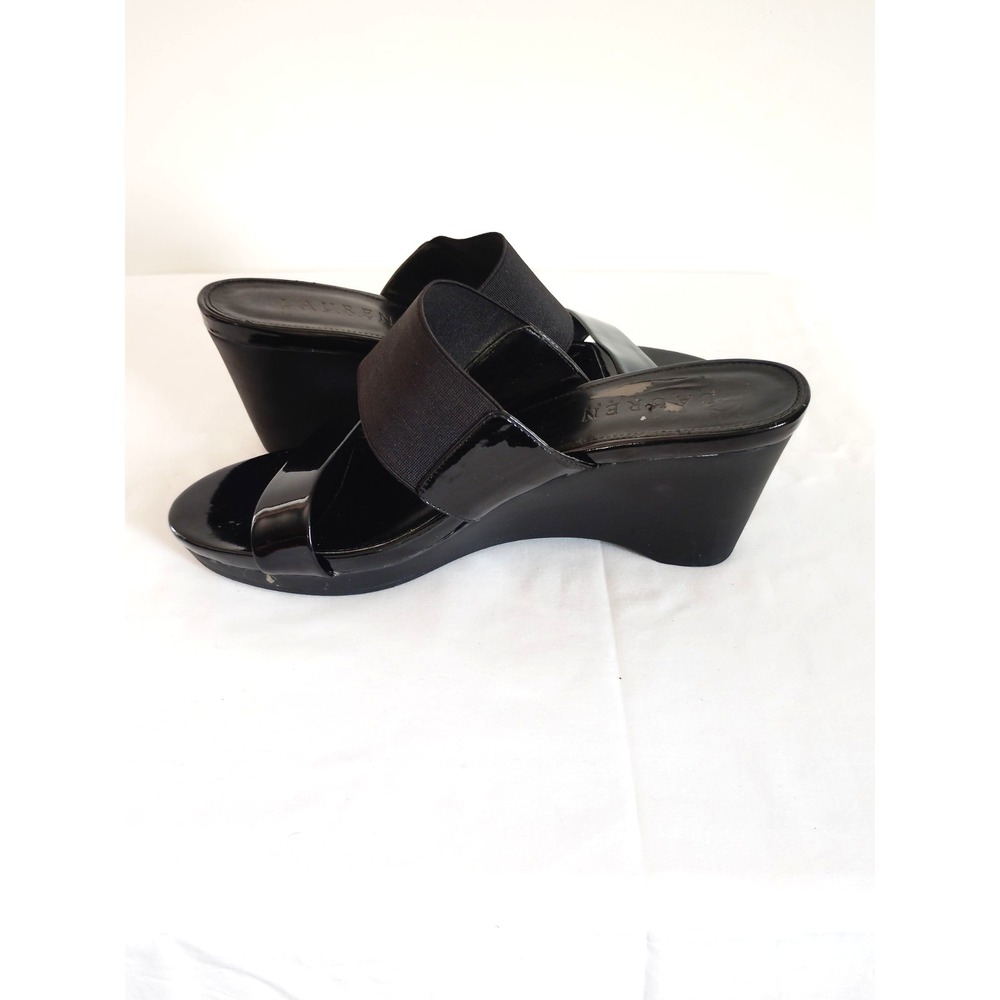 Lauren Ralph Lauren Rhianna Black Sexy Goth Wedge Sandal Women 6B Patent Straps